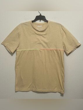Express Men's Tan Short-Sleeve Crewneck with Neon Yellow & Neon Orange Trim